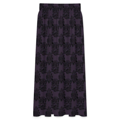 Dark Purple Rose Maxi Skirt, Black Floral High Waist Gothic Romantic Style