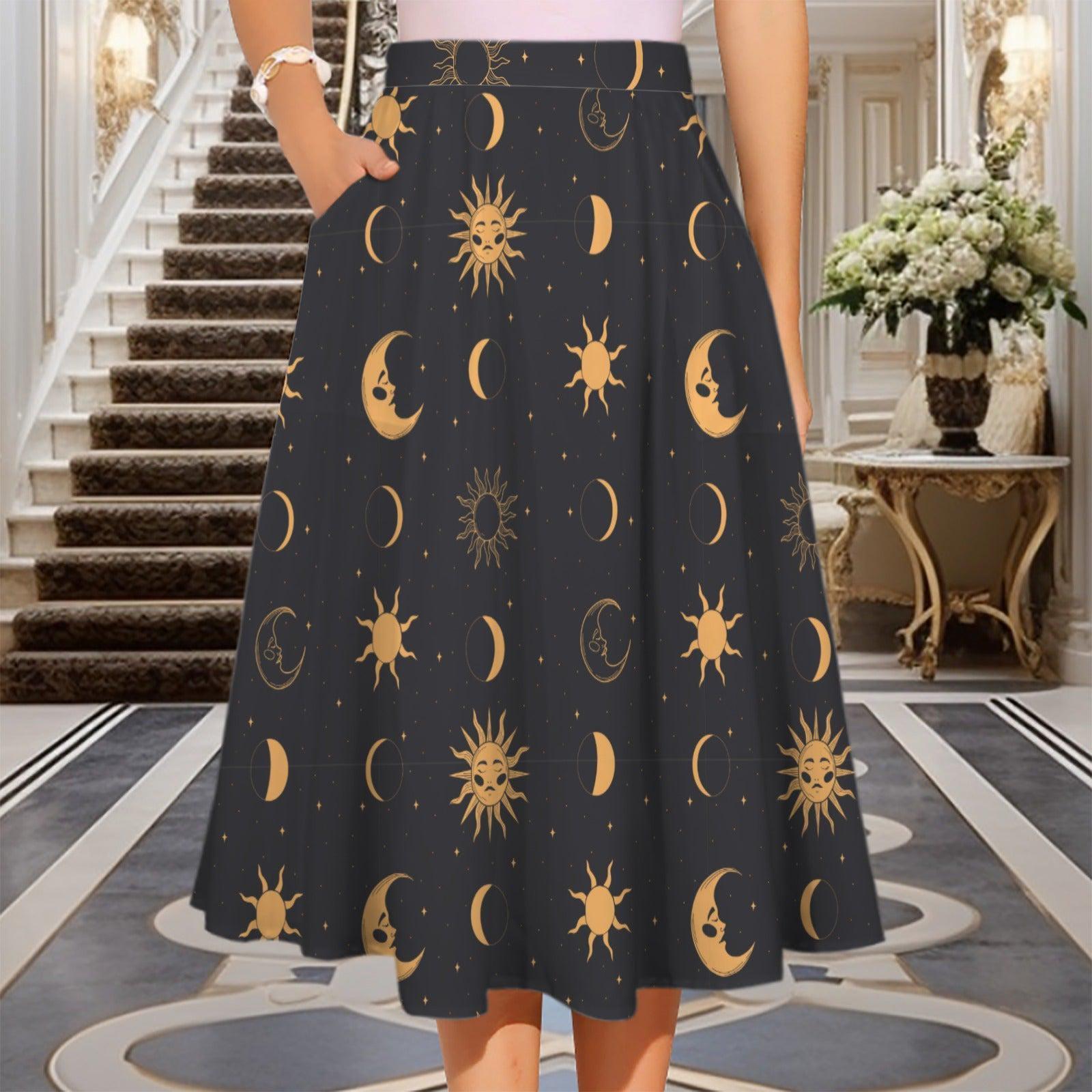 Celestial Midi Skirt, Gold Sun Moon Star Print, High Waist A Line, Witchy Cottagecore Style