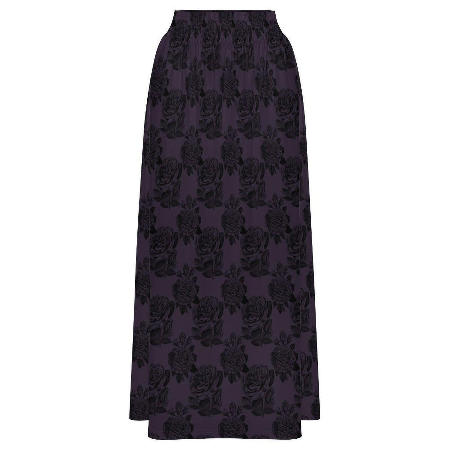Dark Purple Rose Maxi Skirt, Black Floral High Waist Gothic Romantic Style