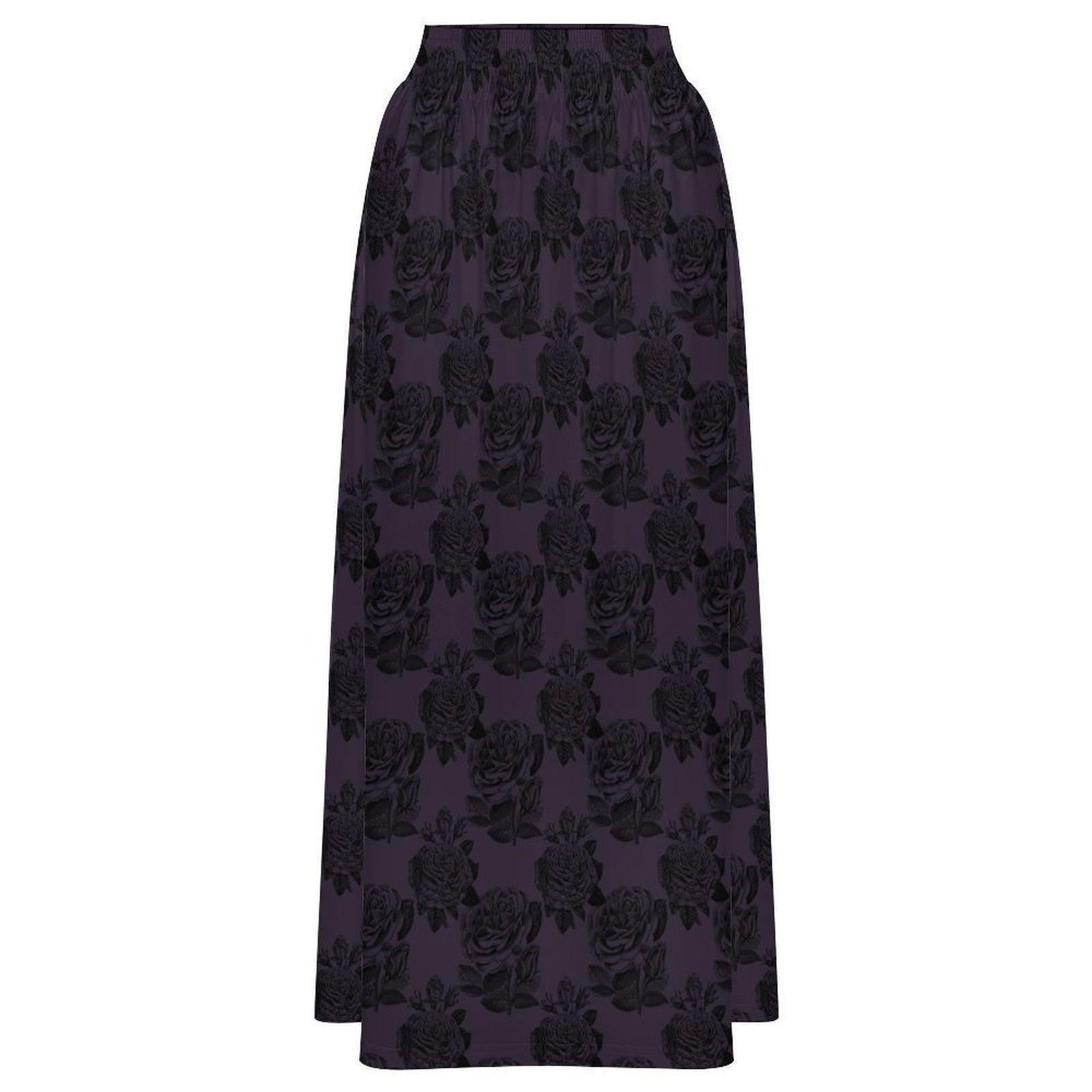 Dark Purple Rose Maxi Skirt, Black Floral High Waist Gothic Romantic Style