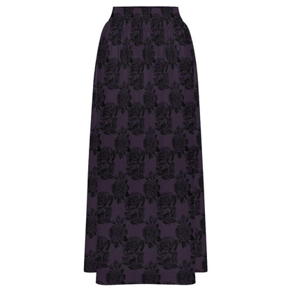 Dark Purple Rose Maxi Skirt, Black Floral High Waist Gothic Romantic Style