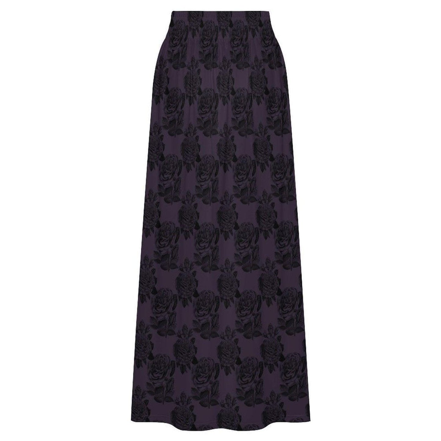 Dark Purple Rose Maxi Skirt, Black Floral High Waist Gothic Romantic Style