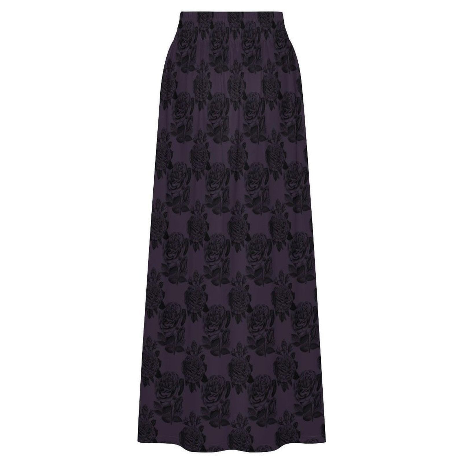 Dark Purple Rose Maxi Skirt, Black Floral High Waist Gothic Romantic Style