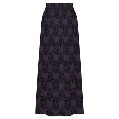 Dark Purple Rose Maxi Skirt, Black Floral High Waist Gothic Romantic Style