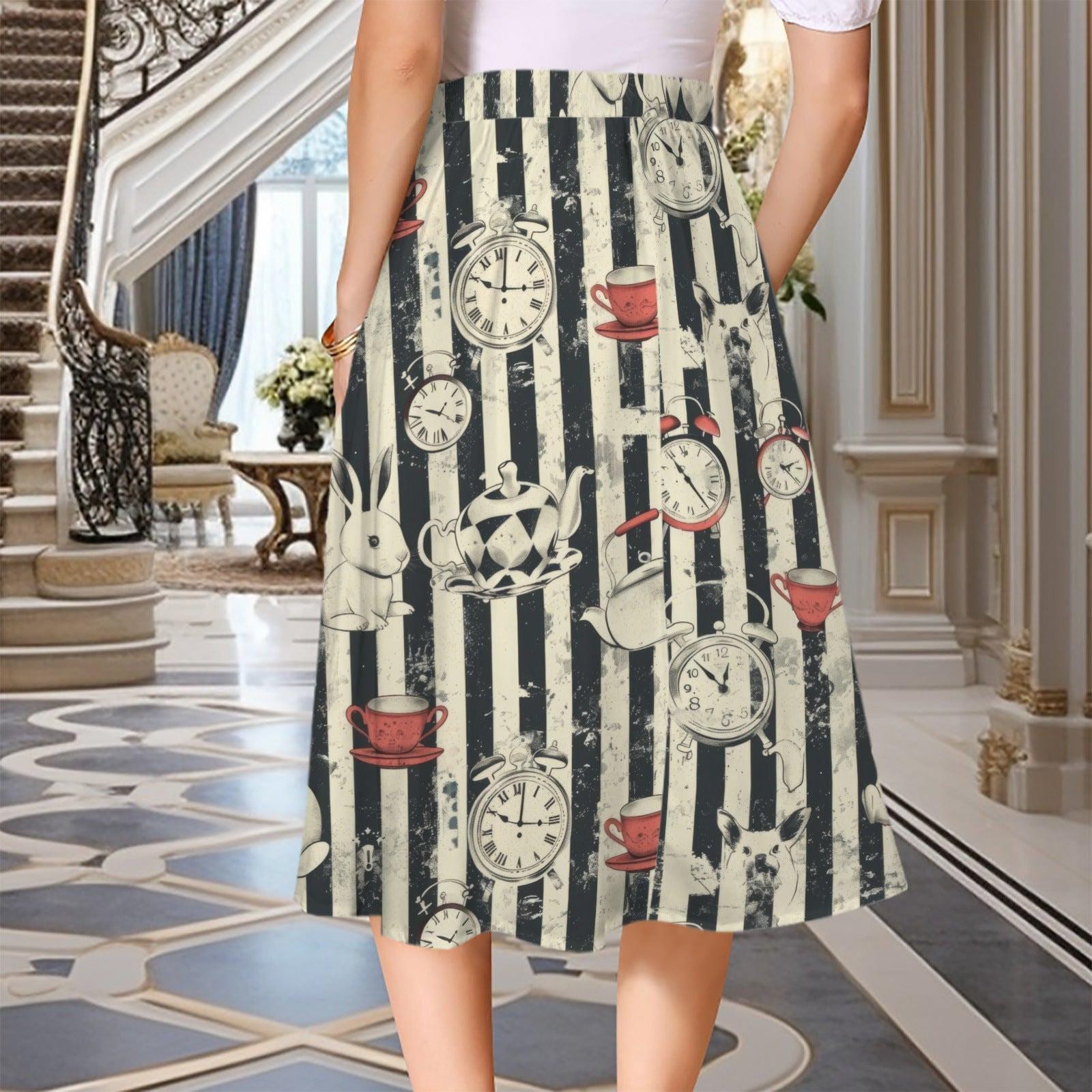 Storybook Rabbit Clock Print Midi Skirt, Black Stripe A-Line Cottagecore Style