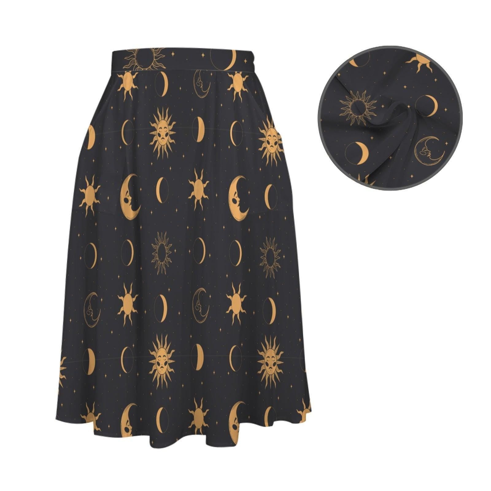 Celestial Midi Skirt, Gold Sun Moon Star Print, High Waist A Line, Witchy Cottagecore Style