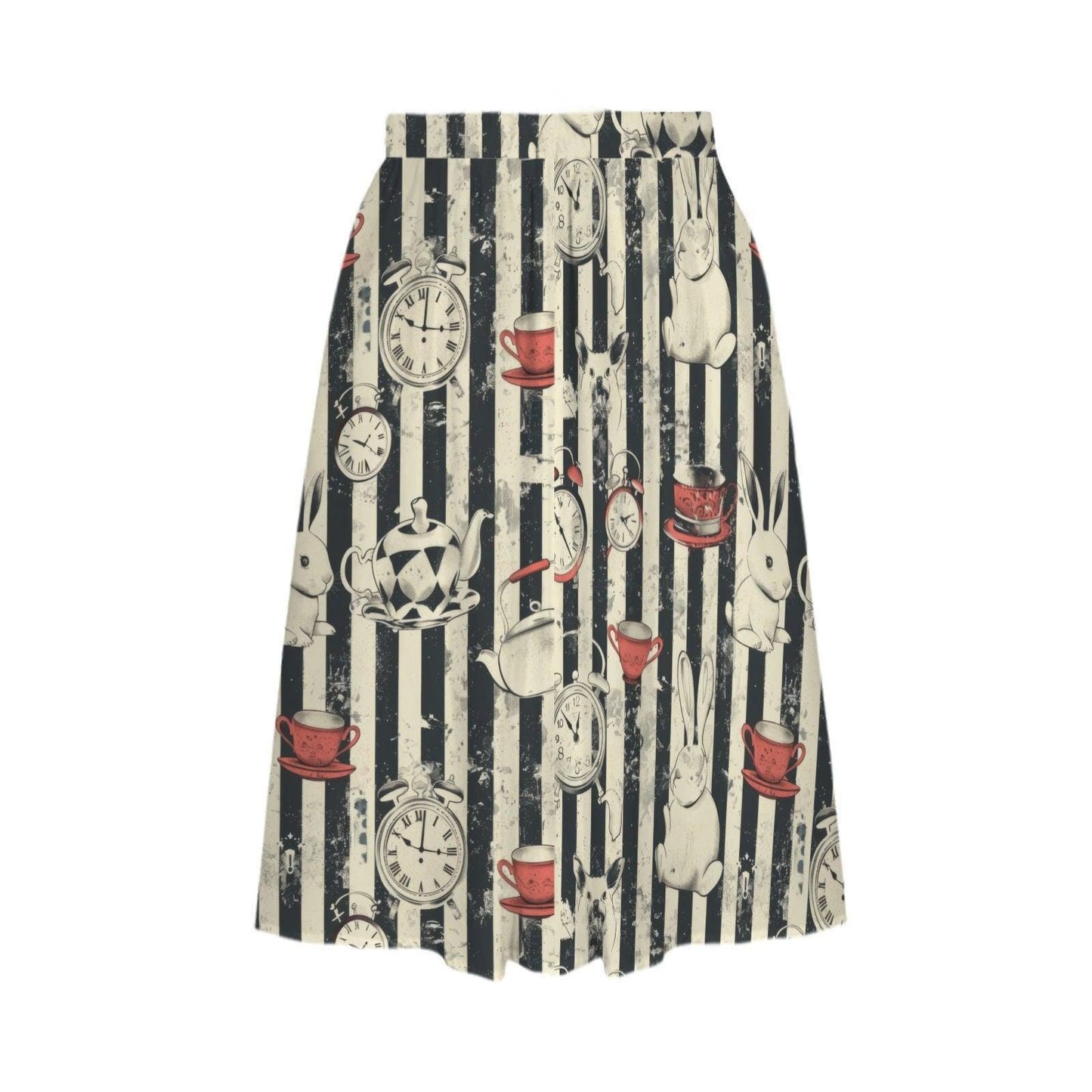 Storybook Rabbit Clock Print Midi Skirt, Black Stripe A-Line Cottagecore Style