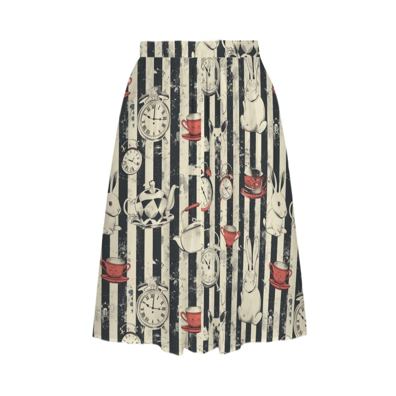 Storybook Rabbit Clock Print Midi Skirt, Black Stripe A-Line Cottagecore Style