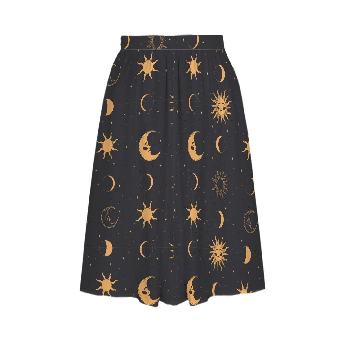 Celestial Midi Skirt, Gold Sun Moon Star Print, High Waist A Line, Witchy Cottagecore Style