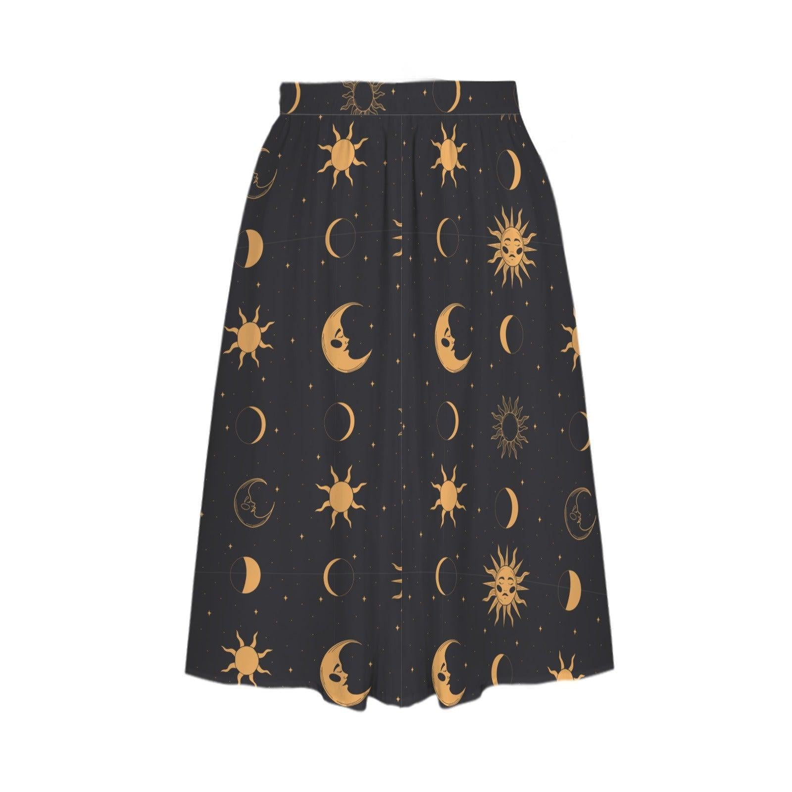 Celestial Midi Skirt, Gold Sun Moon Star Print, High Waist A Line, Witchy Cottagecore Style