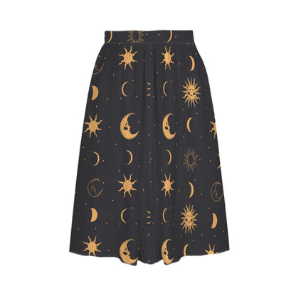 Celestial Midi Skirt, Gold Sun Moon Star Print, High Waist A Line, Witchy Cottagecore Style