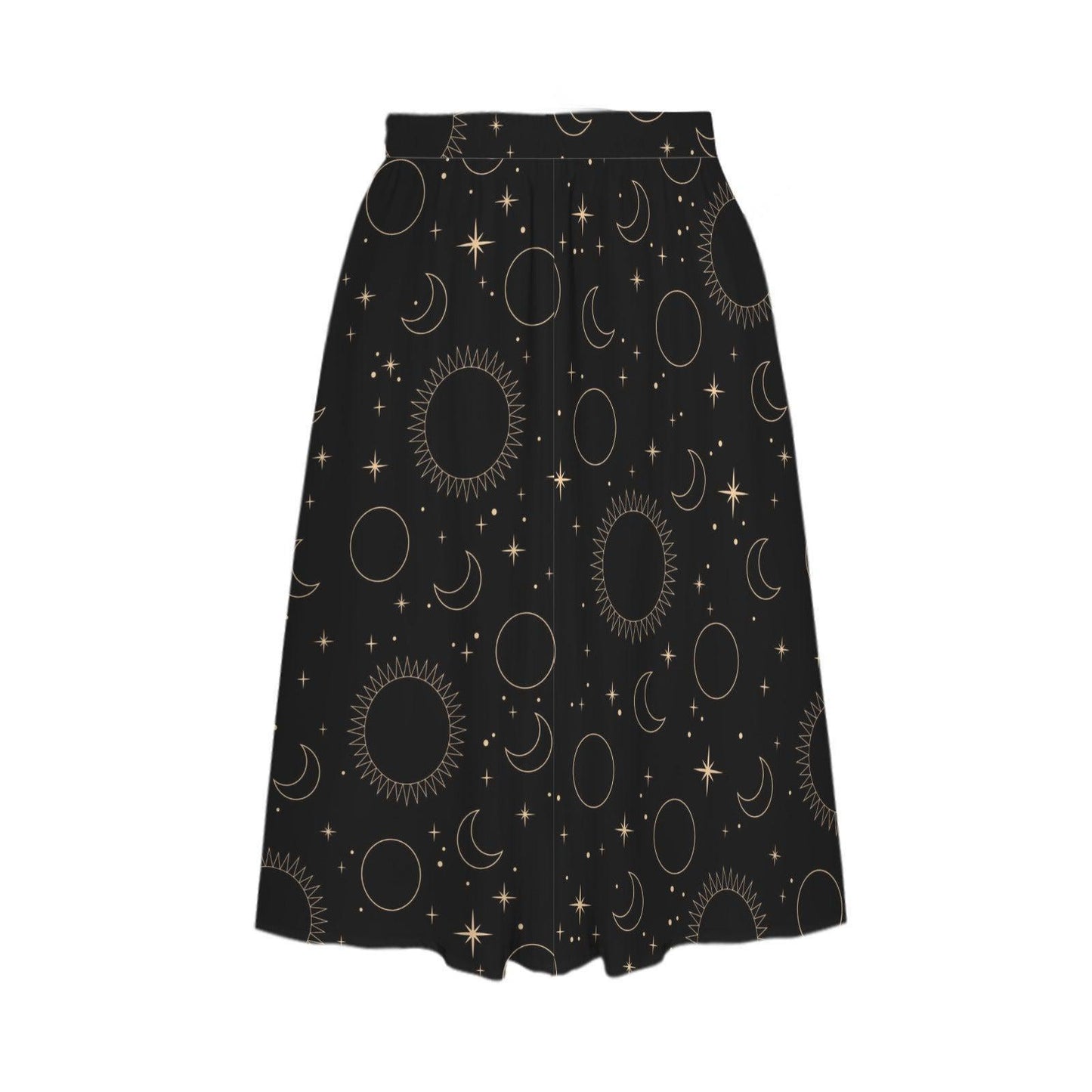Celestial Midi Skirt, Black Sun Moon Star Print, High Waist Witchy Skirt