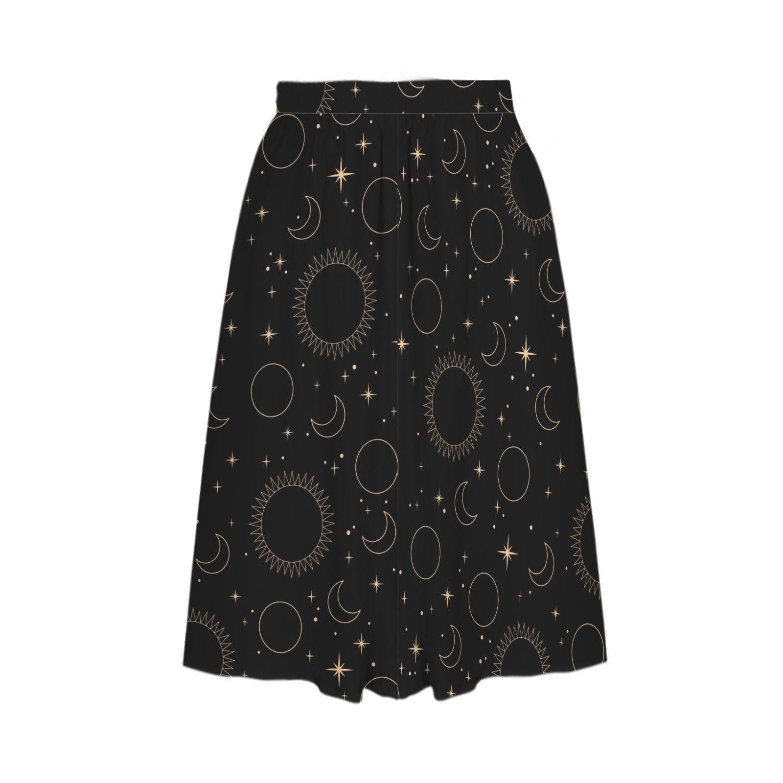 Celestial Midi Skirt, Black Sun Moon Star Print, High Waist Witchy Skirt