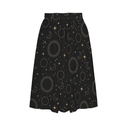 Celestial Midi Skirt, Black Sun Moon Star Print, High Waist Witchy Skirt