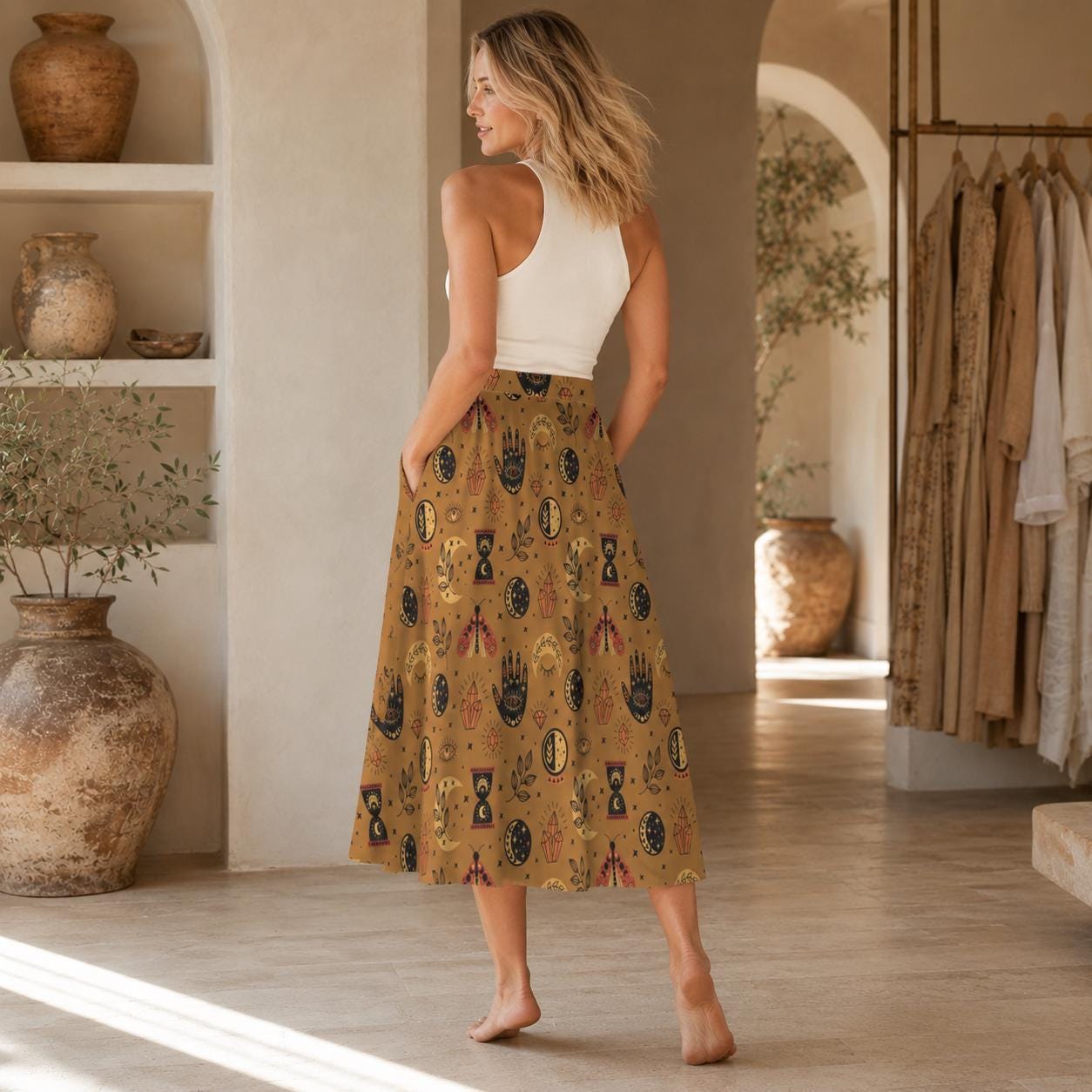 Mustard Yellow Witchy Midi Skirt, Occult Tarot Print with Pockets, High Waist A-Line Skirt