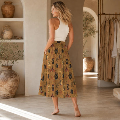 Mustard Yellow Witchy Midi Skirt, Occult Tarot Print with Pockets, High Waist A-Line Skirt