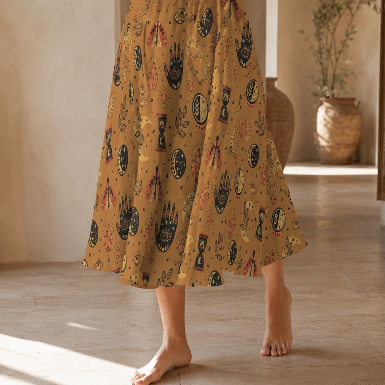 Mustard Yellow Witchy Midi Skirt, Occult Tarot Print with Pockets, High Waist A-Line Skirt