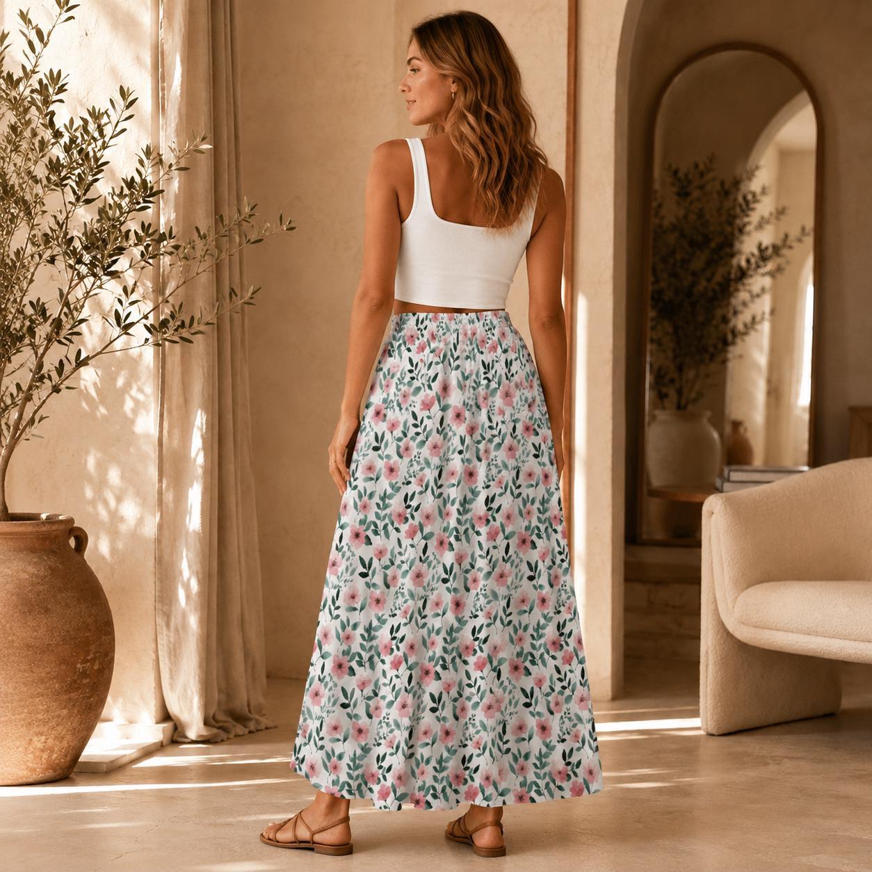 Pink Wildflower Maxi Skirt, White Floral Summer Garden Party Cottagecore Style