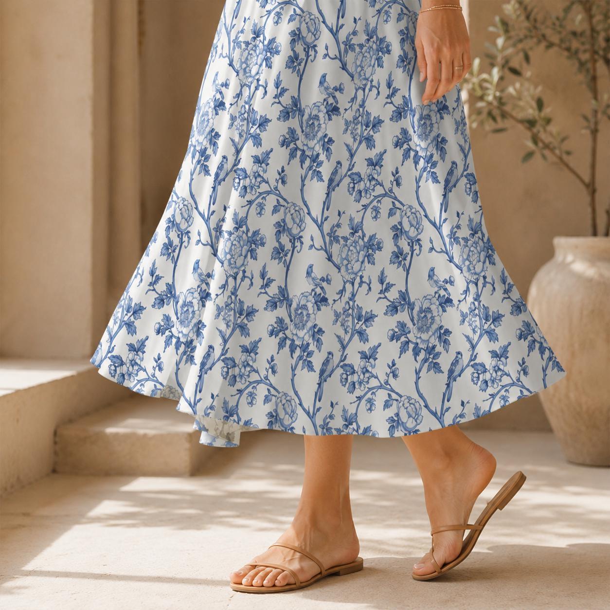 Blue Toile Midi Skirt, French Garden Floral Print, Flowy A-Line Summer Style