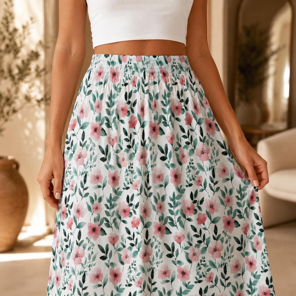 Pink Wildflower Maxi Skirt, White Floral Summer Garden Party Cottagecore Style