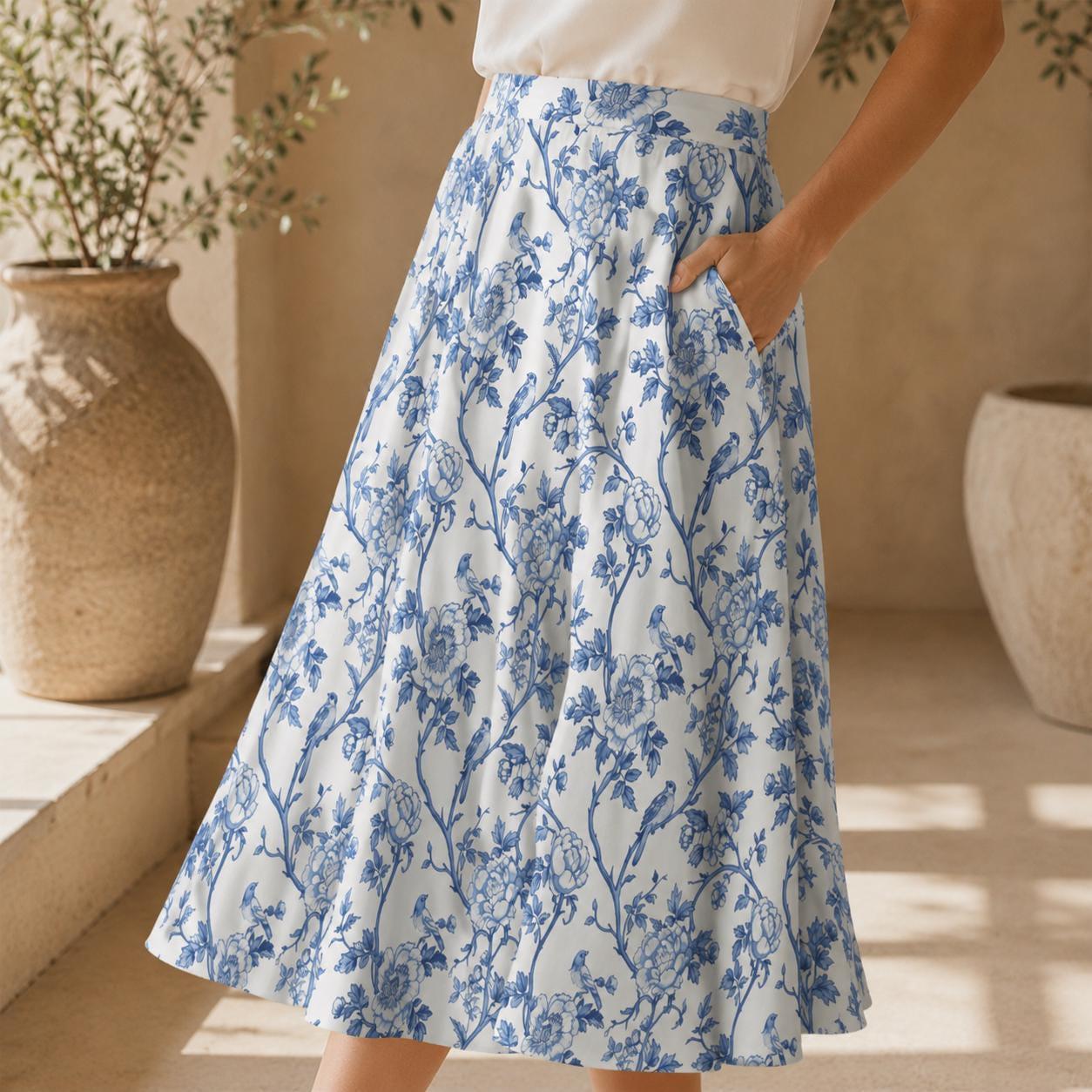 Blue Toile Midi Skirt, French Garden Floral Print, Flowy A-Line Summer Style