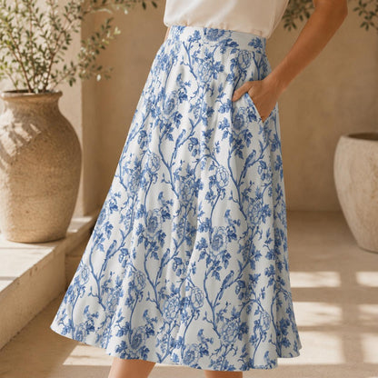 Blue Toile Midi Skirt, French Garden Floral Print, Flowy A-Line Summer Style