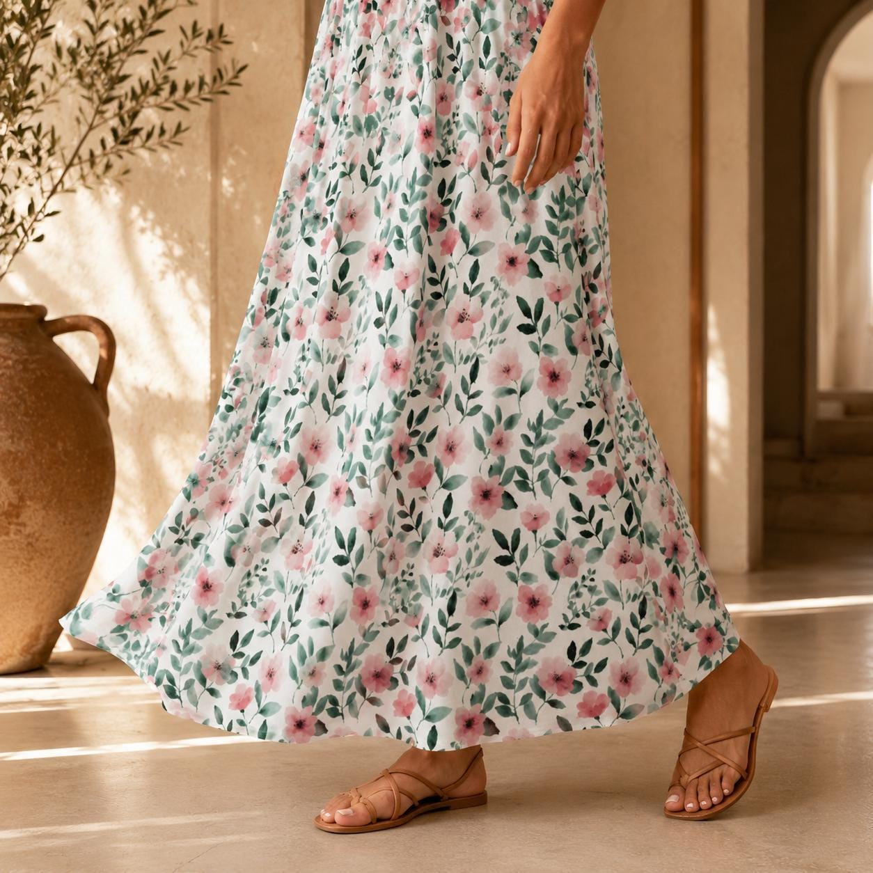 Pink Wildflower Maxi Skirt, White Floral Summer Garden Party Cottagecore Style
