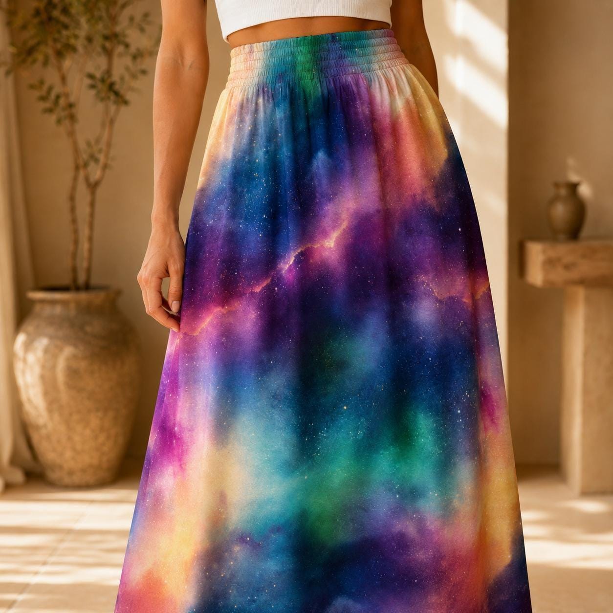 Celestial Aurora Galaxy Maxi Skirt, High Waist Flowy Cosmic Festival Boho Style