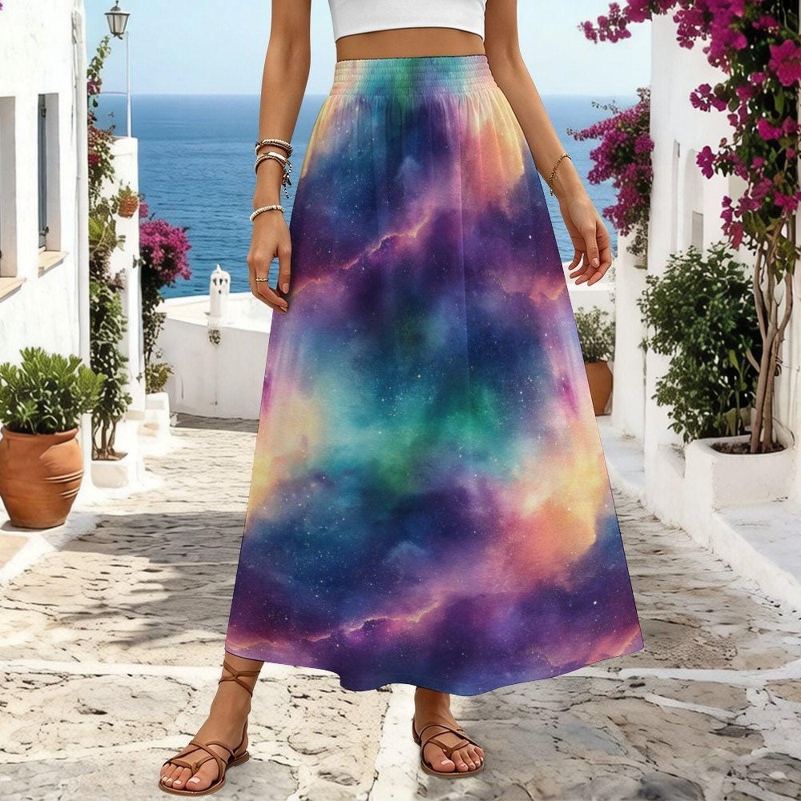 Celestial Aurora Galaxy Maxi Skirt, High Waist Flowy Cosmic Festival Boho Style