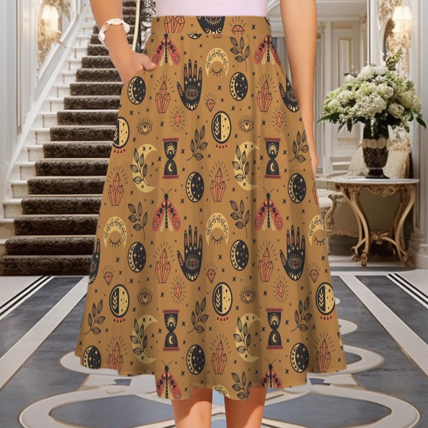 Mustard Yellow Witchy Midi Skirt, Occult Tarot Print with Pockets, High Waist A-Line Skirt