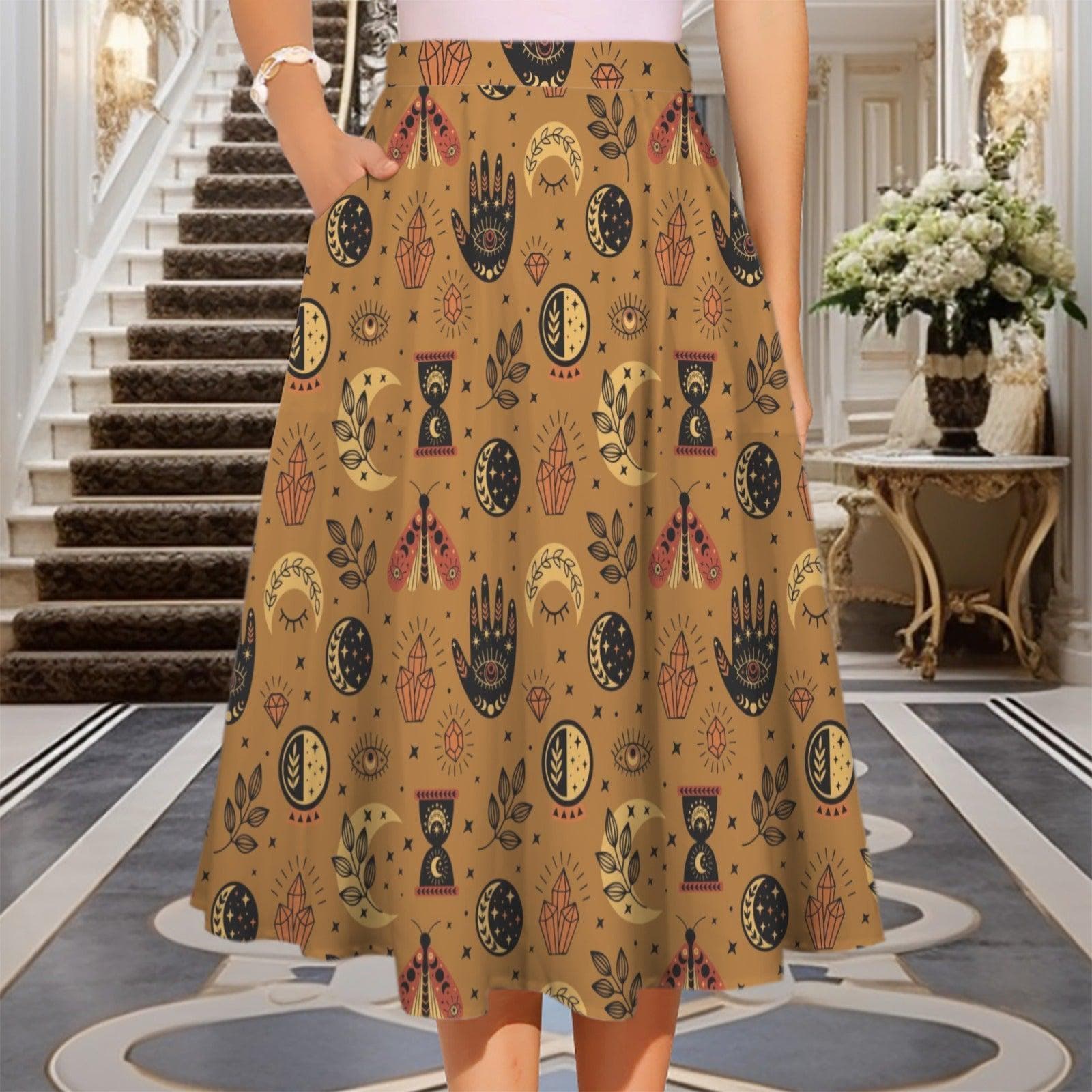 Mustard Yellow Witchy Midi Skirt, Occult Tarot Print with Pockets, High Waist A-Line Skirt