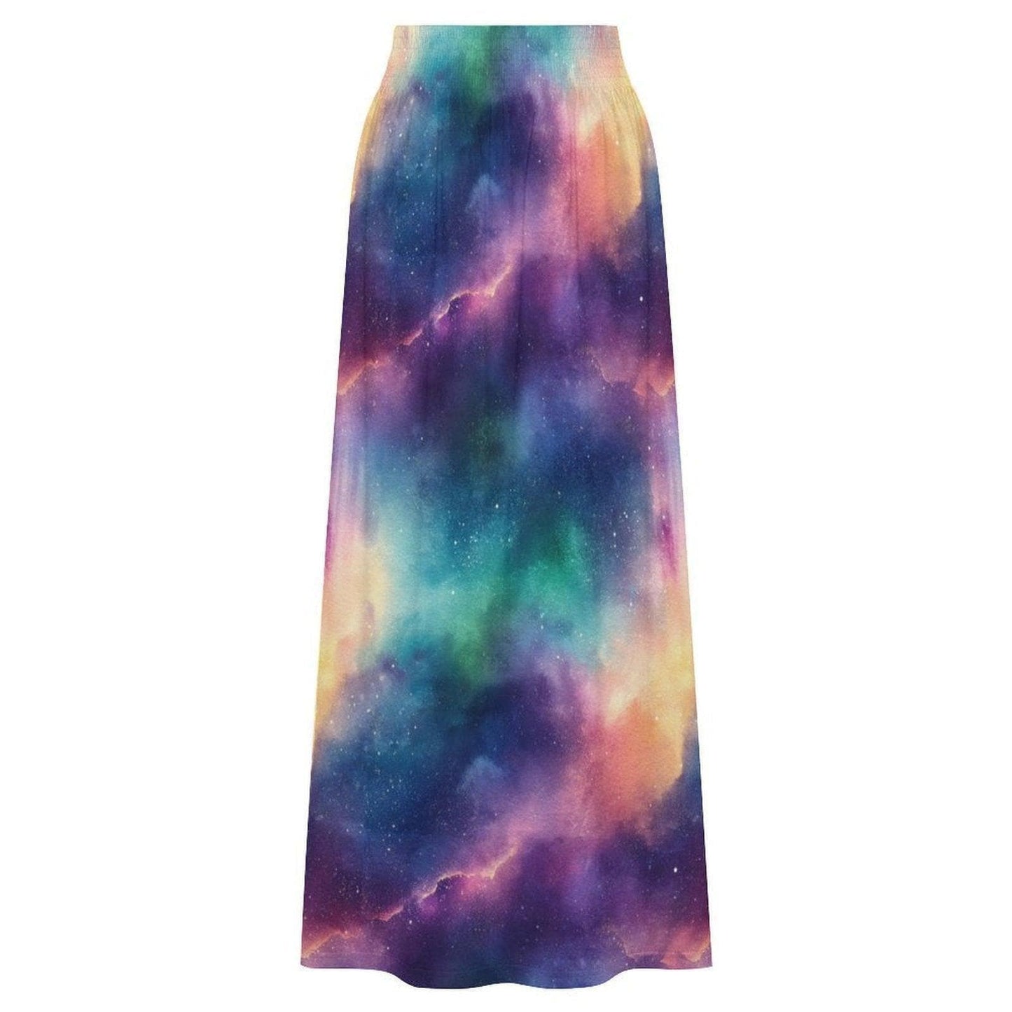 Celestial Aurora Galaxy Maxi Skirt, High Waist Flowy Cosmic Festival Boho Style