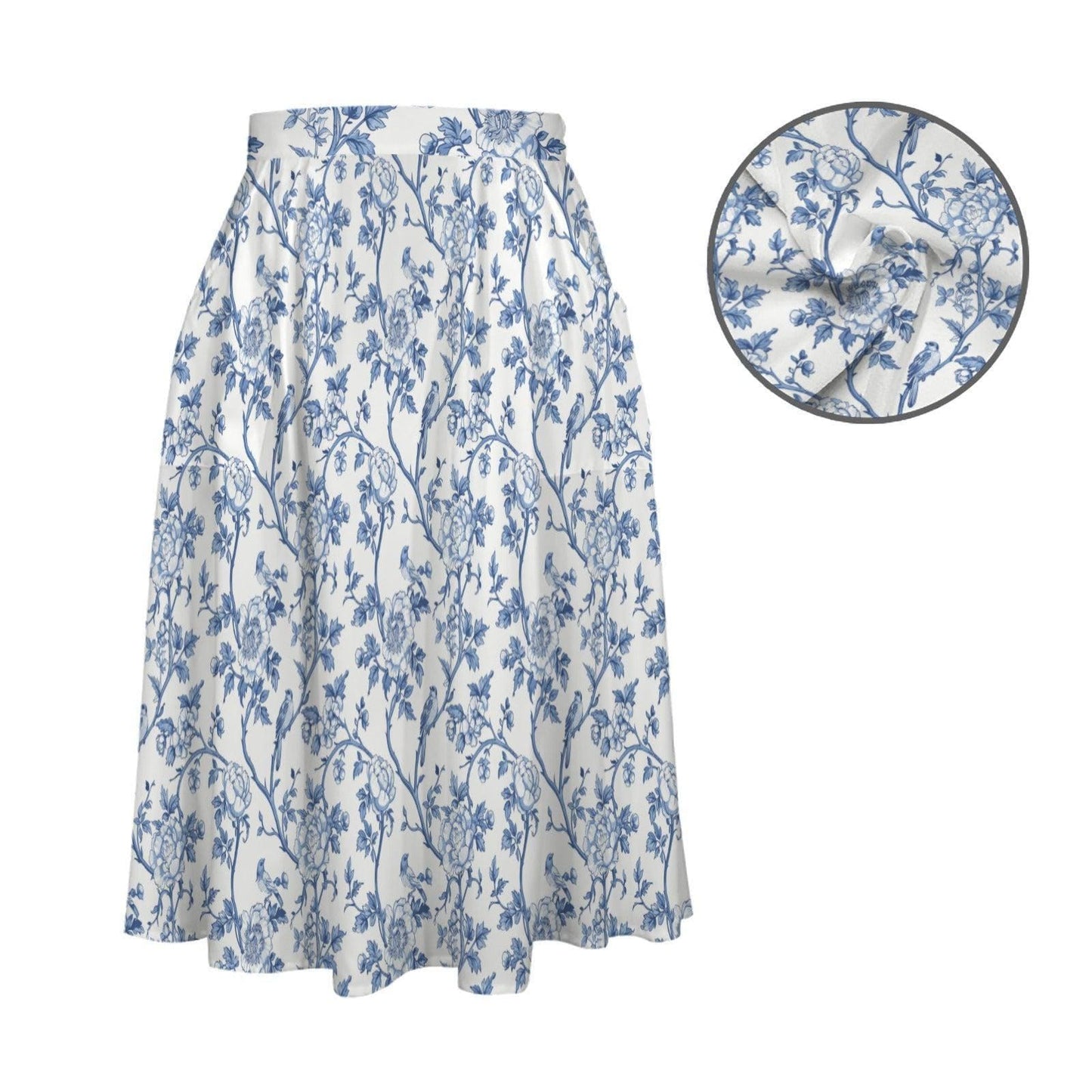 Blue Toile Midi Skirt, French Garden Floral Print, Flowy A-Line Summer Style