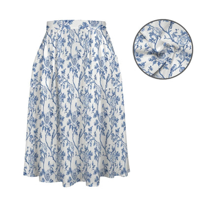Blue Toile Midi Skirt, French Garden Floral Print, Flowy A-Line Summer Style