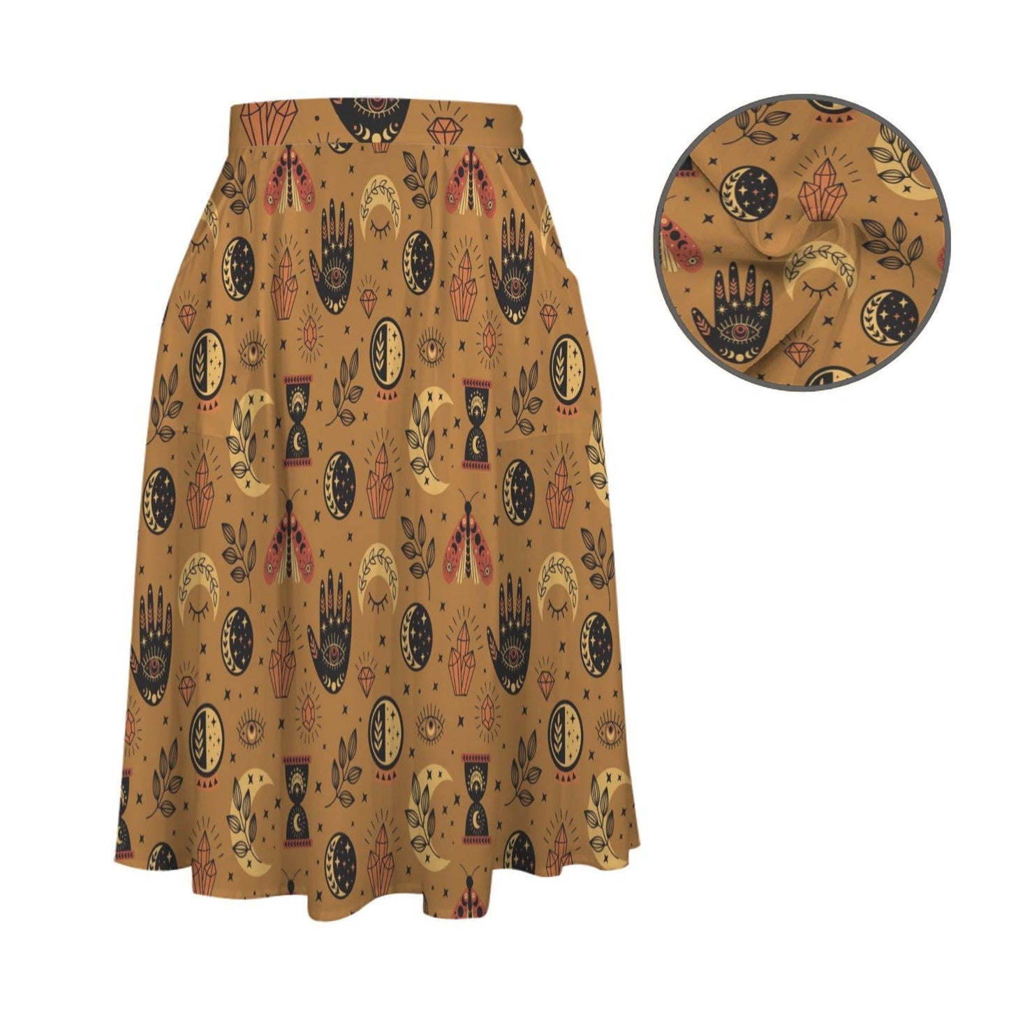 Mustard Yellow Witchy Midi Skirt, Occult Tarot Print with Pockets, High Waist A-Line Skirt