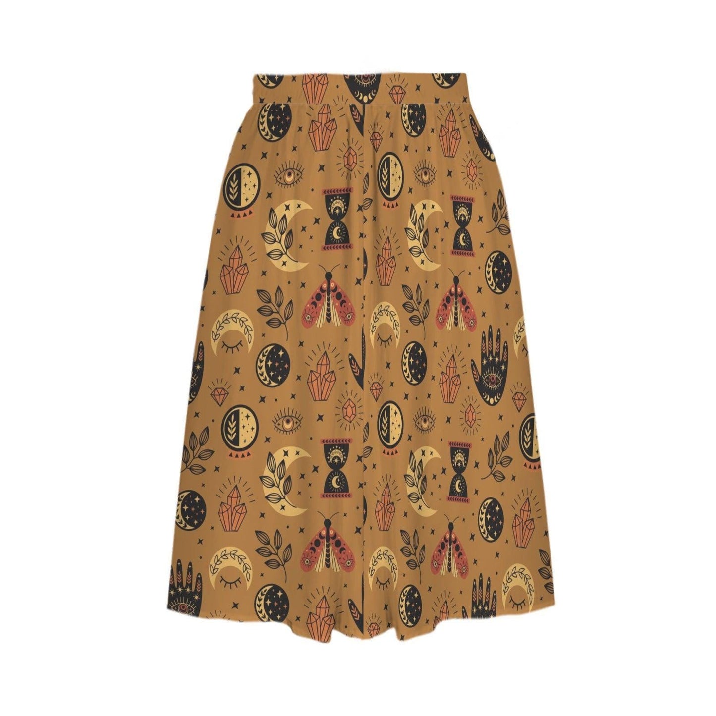 Mustard Yellow Witchy Midi Skirt, Occult Tarot Print with Pockets, High Waist A-Line Skirt