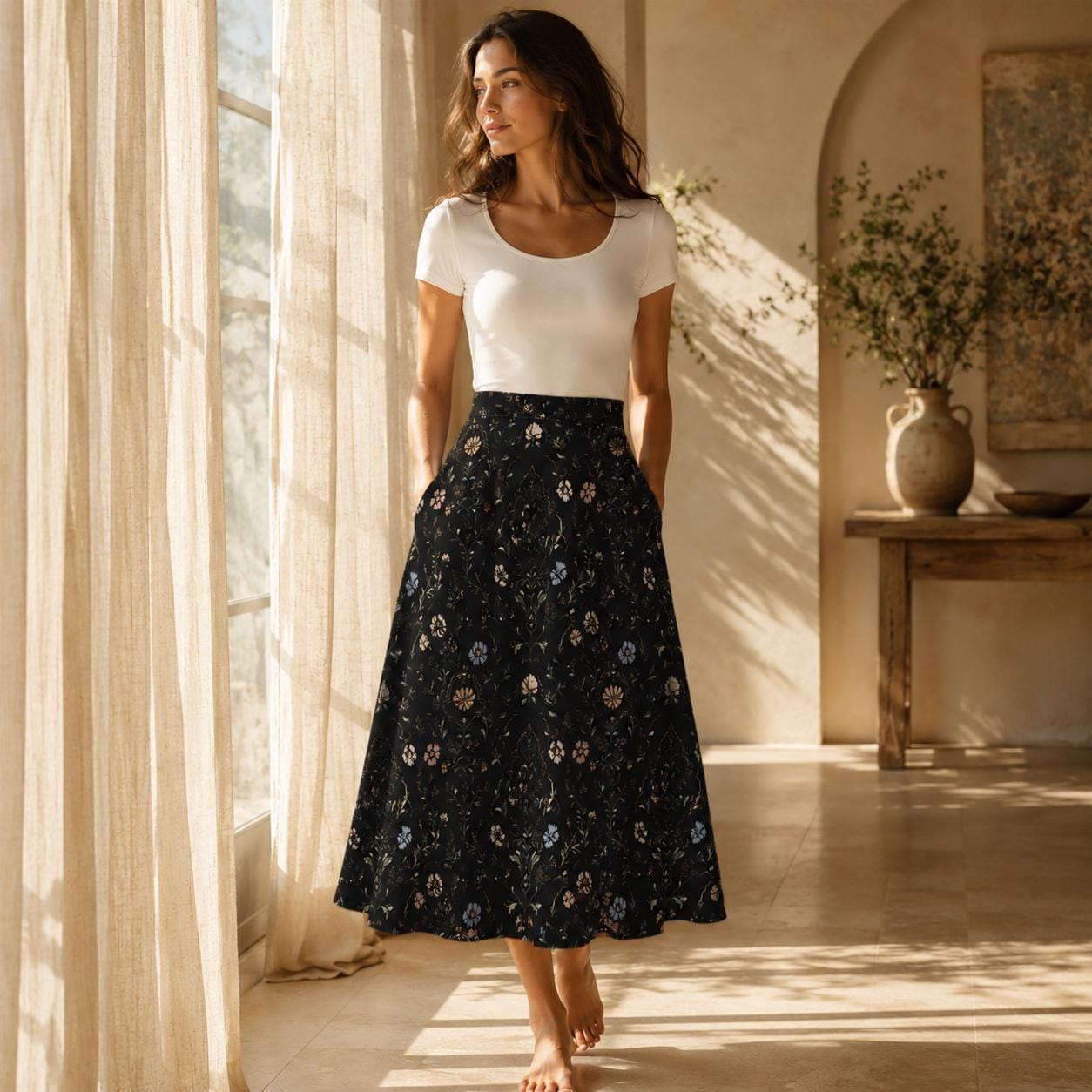 Dark Folk Floral Midi Skirt, Black A-Line with Pockets, Cottagecore Fall Style