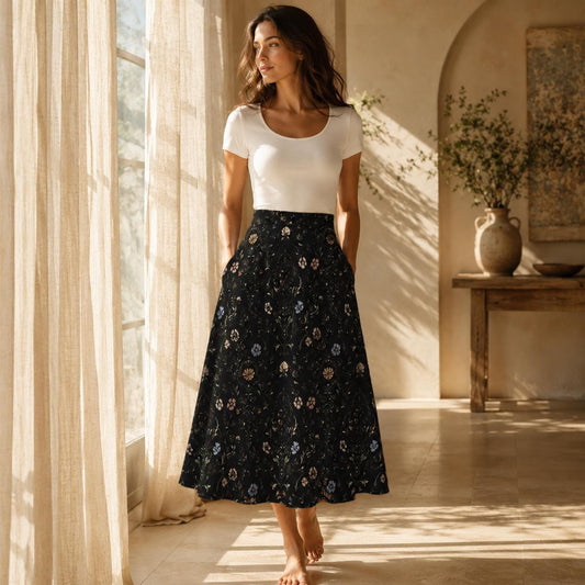 Dark Folk Floral Midi Skirt, Black A-Line with Pockets, Cottagecore Fall Style