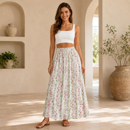 Cottagecore Maxi Skirt, Pink Wildflower Floral, High Waist Summer Garden Party Outfits