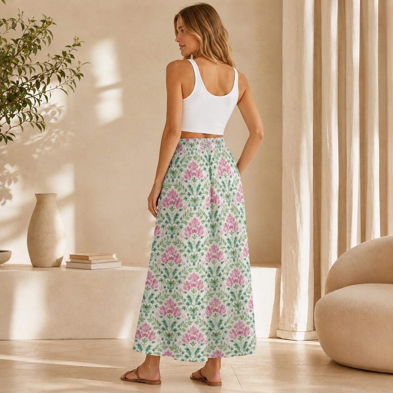 Pink Block Print Maxi Skirt, Mughal Floral Boho Garden Wedding Guest Style
