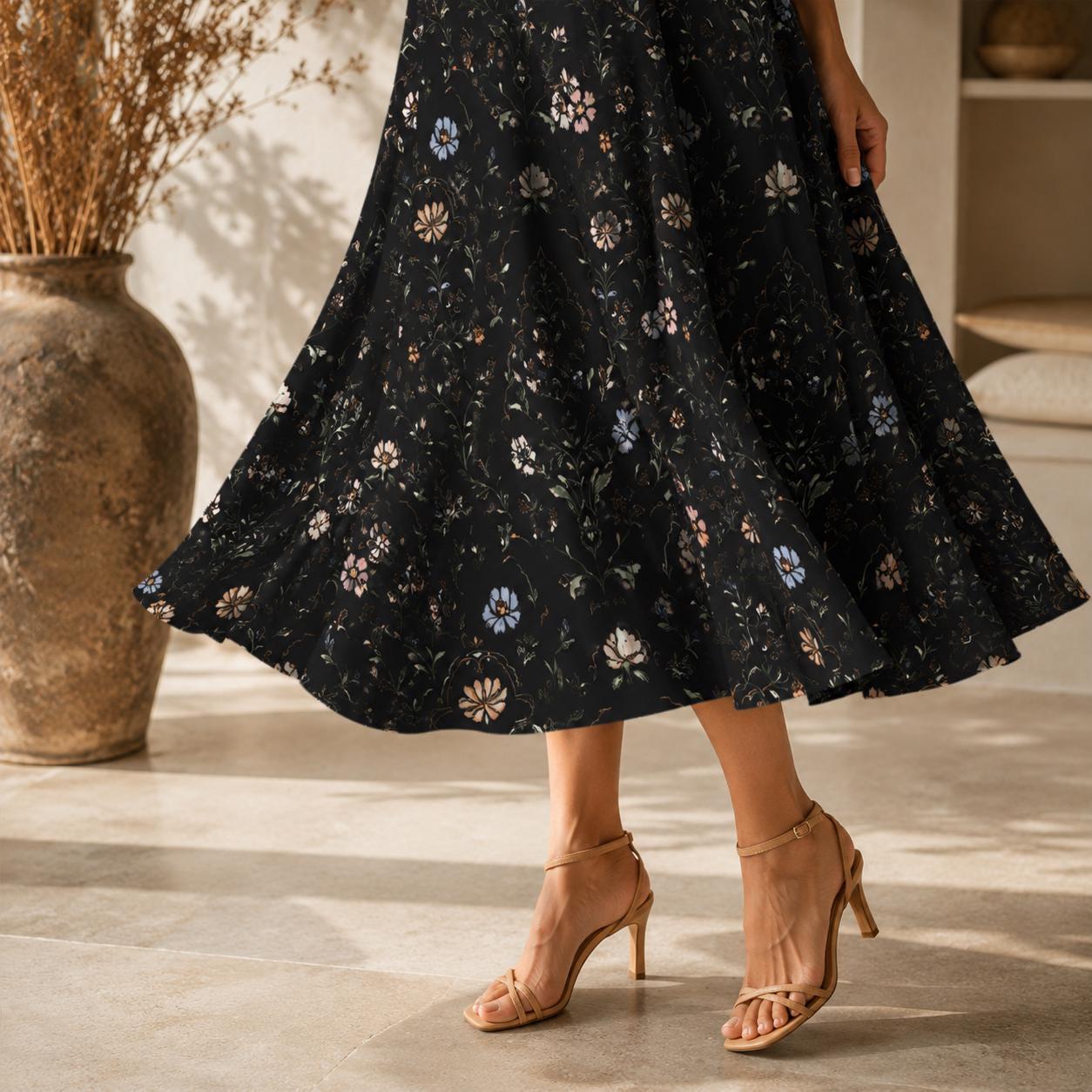 Dark Folk Floral Midi Skirt, Black A-Line with Pockets, Cottagecore Fall Style