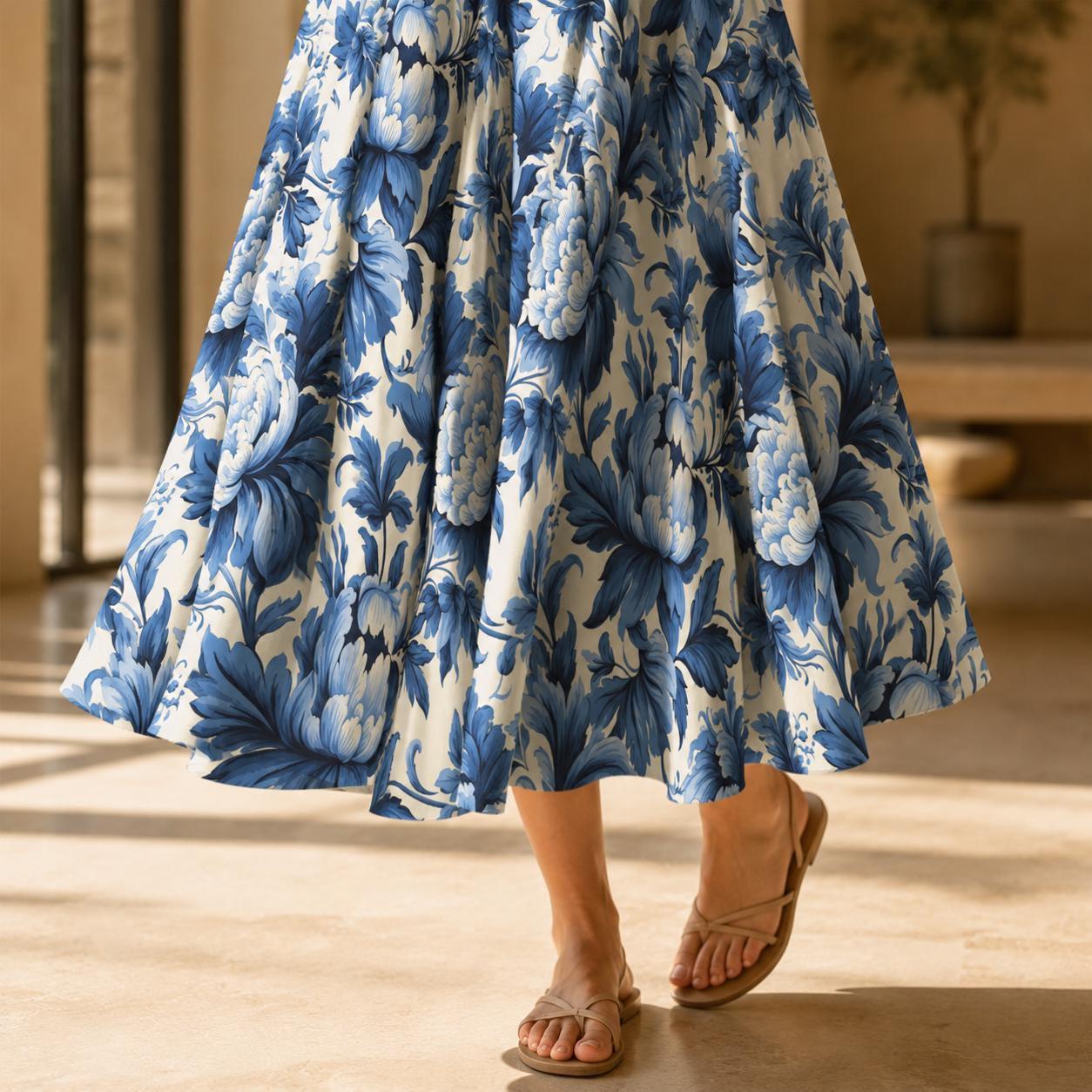 Blue Floral Midi Skirt, Porcelain Flower Print, High Waist, Pockets, A-Line Style