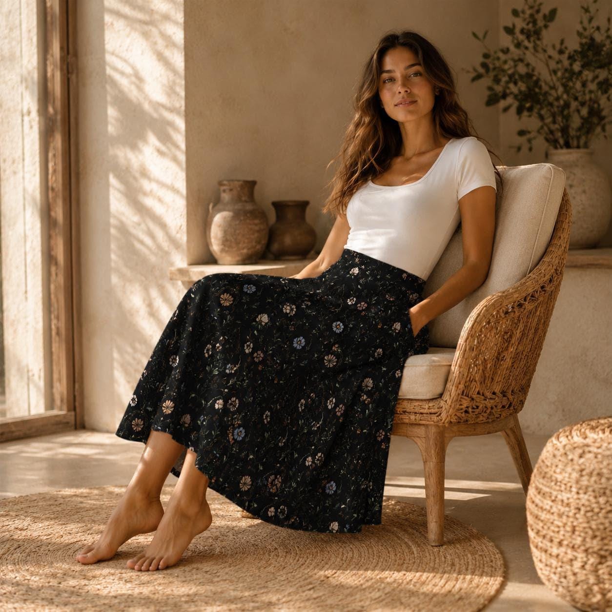 Dark Folk Floral Midi Skirt, Black A-Line with Pockets, Cottagecore Fall Style
