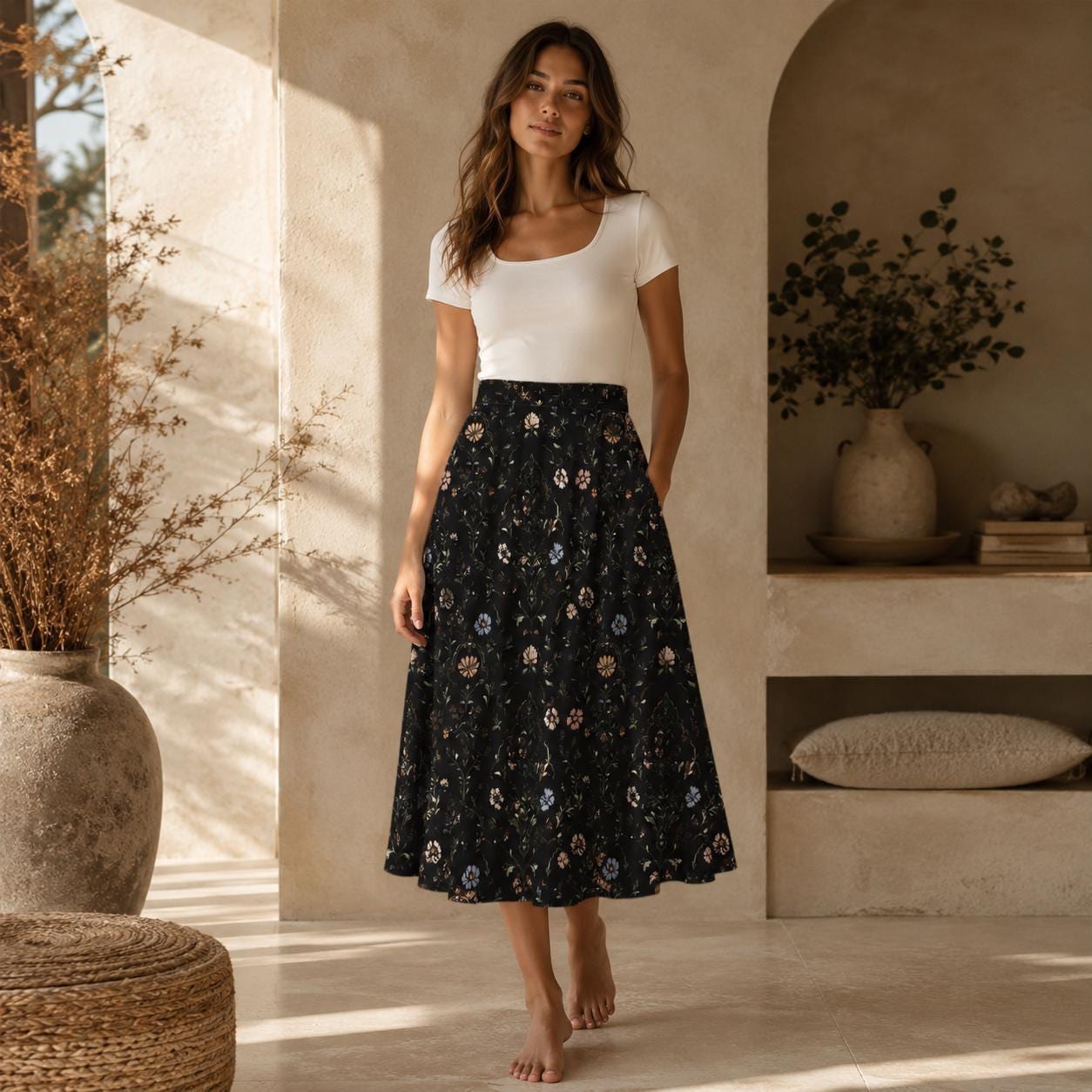 Dark Folk Floral Midi Skirt, Black A-Line with Pockets, Cottagecore Fall Style