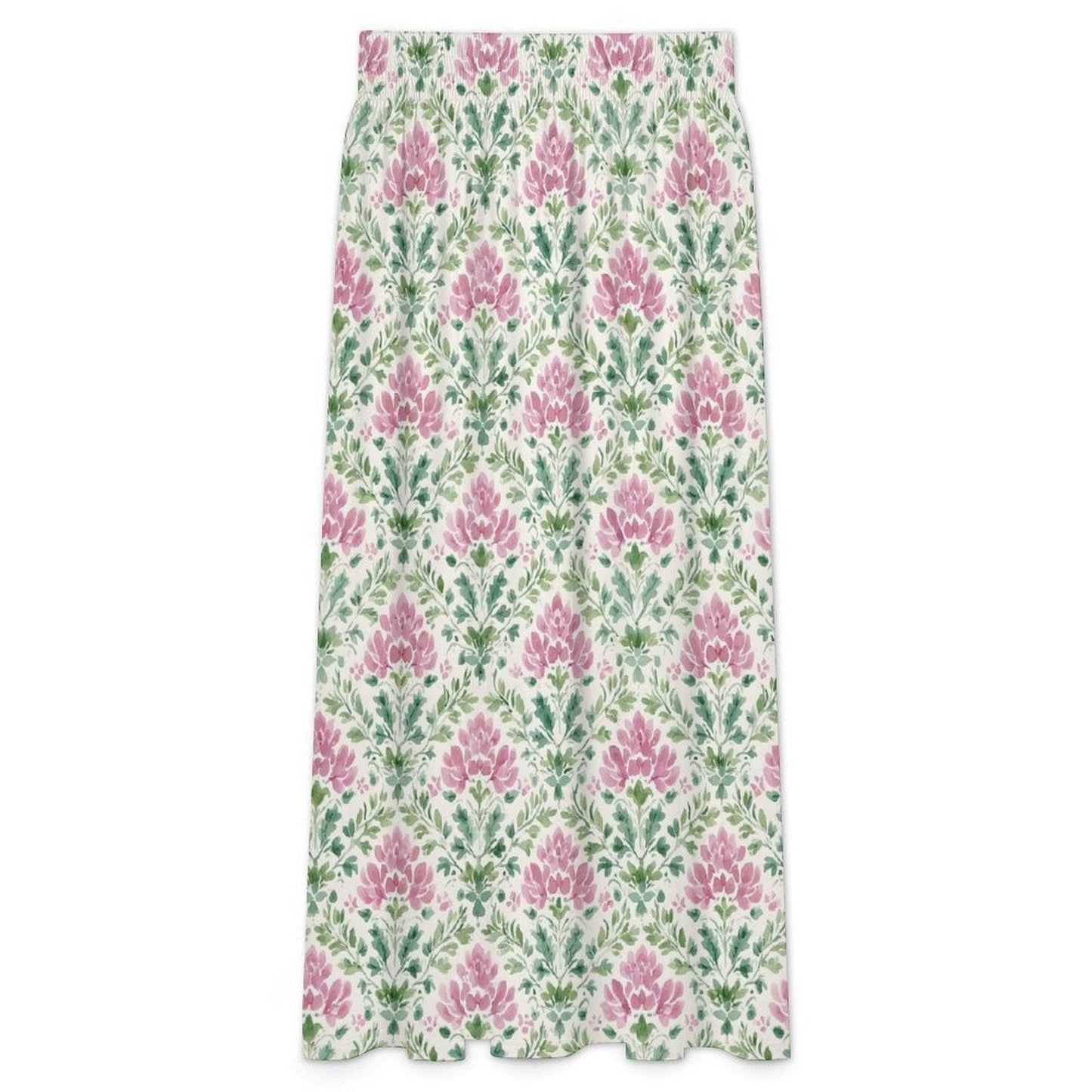 Pink Block Print Maxi Skirt, Mughal Floral Boho Garden Wedding Guest Style