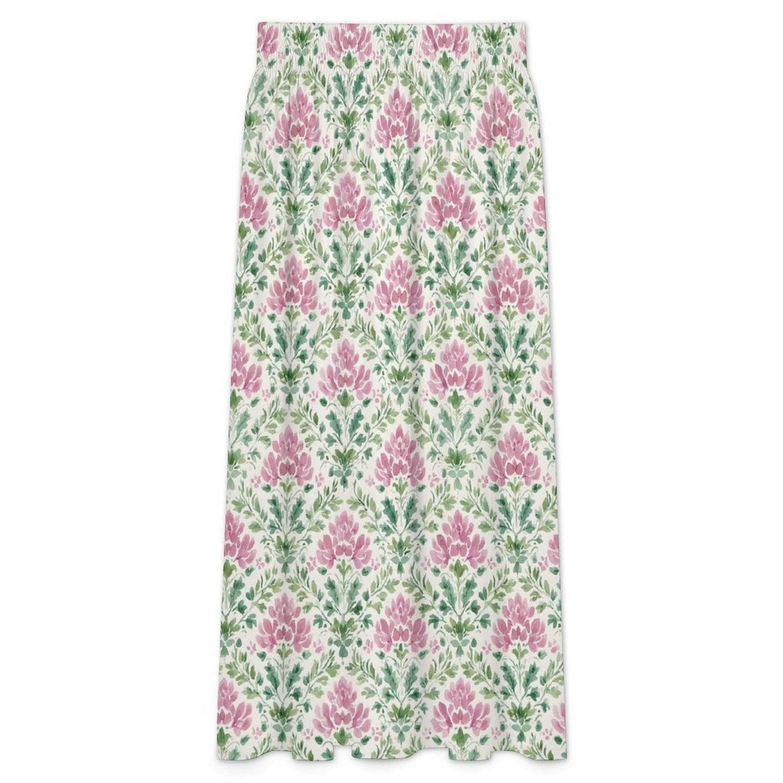 Pink Block Print Maxi Skirt, Mughal Floral Boho Garden Wedding Guest Style