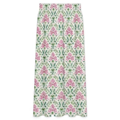 Pink Block Print Maxi Skirt, Mughal Floral Boho Garden Wedding Guest Style