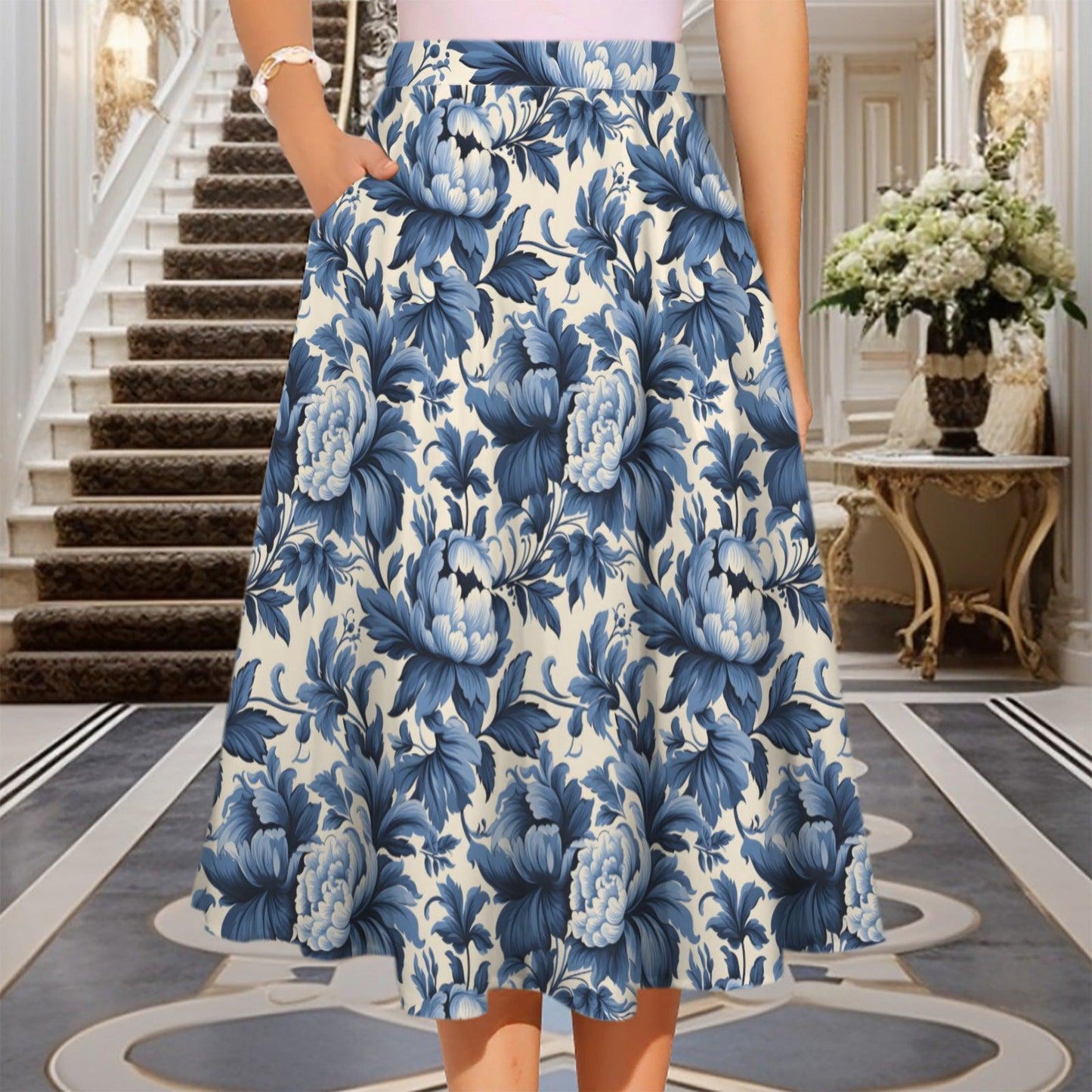 Blue Floral Midi Skirt, Porcelain Flower Print, High Waist, Pockets, A-Line Style