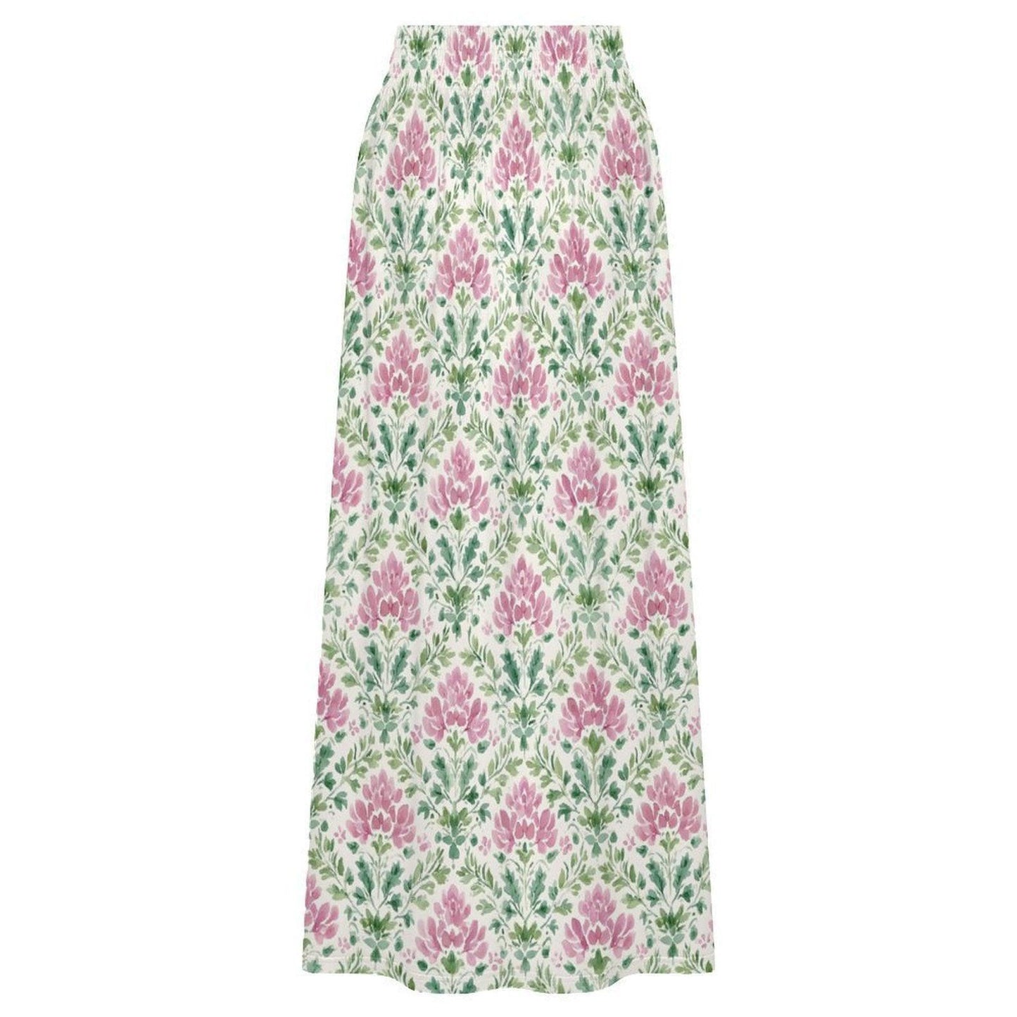 Pink Block Print Maxi Skirt, Mughal Floral Boho Garden Wedding Guest Style