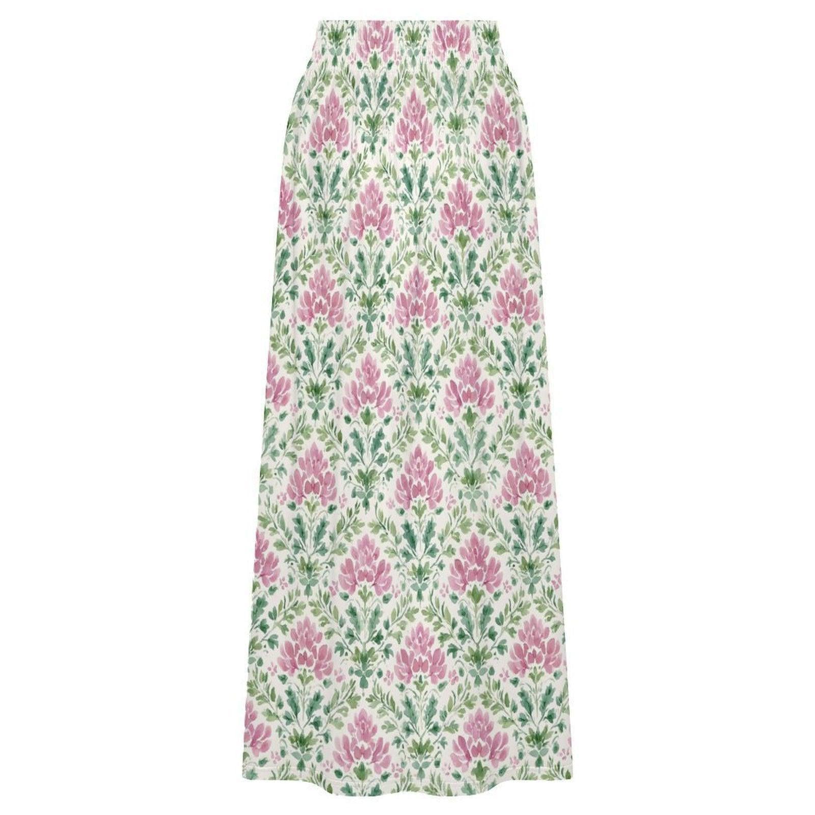 Pink Block Print Maxi Skirt, Mughal Floral Boho Garden Wedding Guest Style